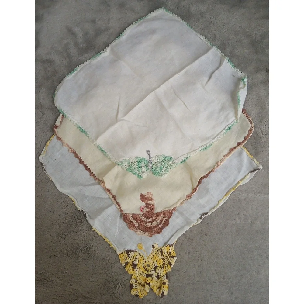 Vintage Crochet‎ Butterfly Southern Belle Handkerchief Set of 3 Linen Handmade